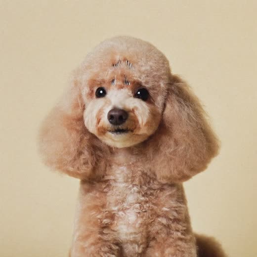 A small poodle after a face and feet trim